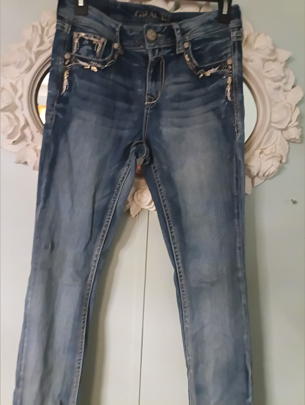 Grace Light Blue Skinny Jeans with Embellished Pockets